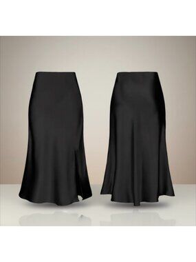 High-Waisted Black Satin Midi Skirt With Side Slit Size S